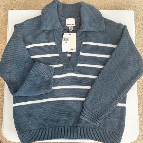 NWT Slate Blue & Ivory Striped Collared Pullover Sweater (Size: M) | Orig $88 - Picture 2 of 2